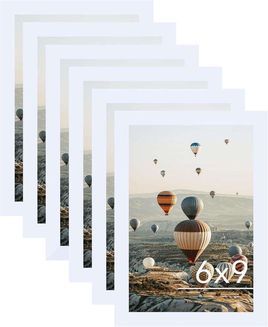 6x9 Picture Frame Set of 6 for Wall Hanging or Tabletop, Wood 6 x 9 Wall Gallery Poster Photo Frames Bulk for 6 by 9 Photo, 6 Pack, White