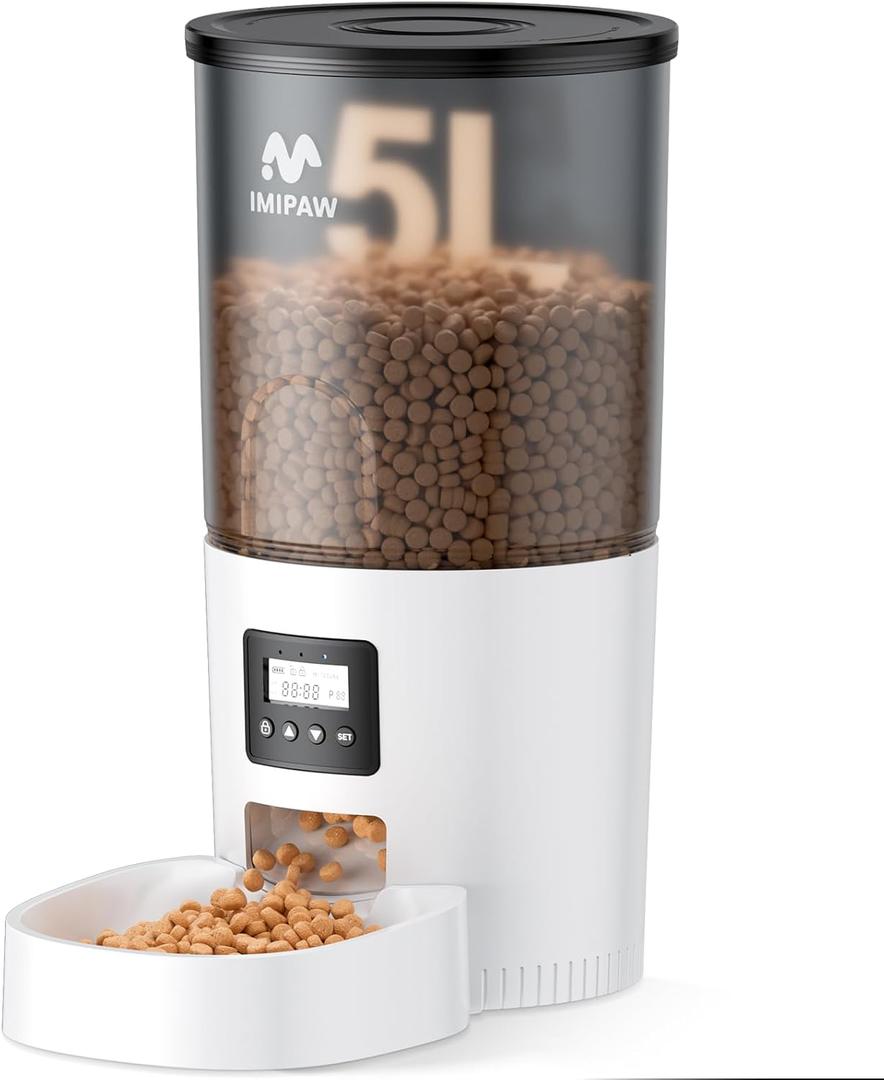 Automatic Cat Feeders, 5L Large Capacity, Timed Feeding Dry Food, Dual Power Design, Programmable Portion Size, 1-6 Meals Per Day, with Desiccant Packet, Suitable for Small Pets Food Dispenser (White)