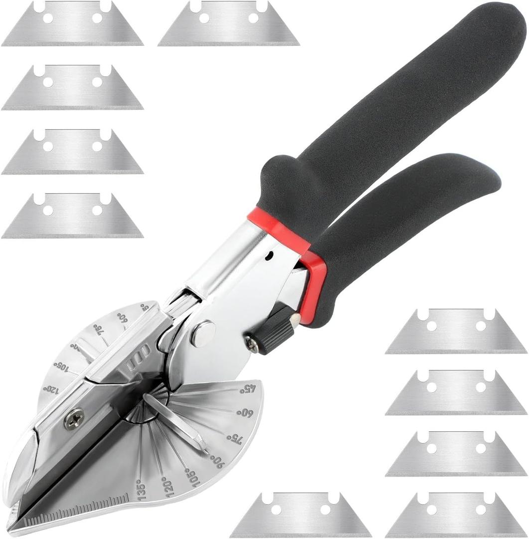 Adjustable Multi Angle Miter Shears with 10 Extra Blades, 45-135 Degree Cutter Scissors Hand Tool Pinking Shears Dowel Cutter for Soft Wood, Plastic, PVC and Molding Trim