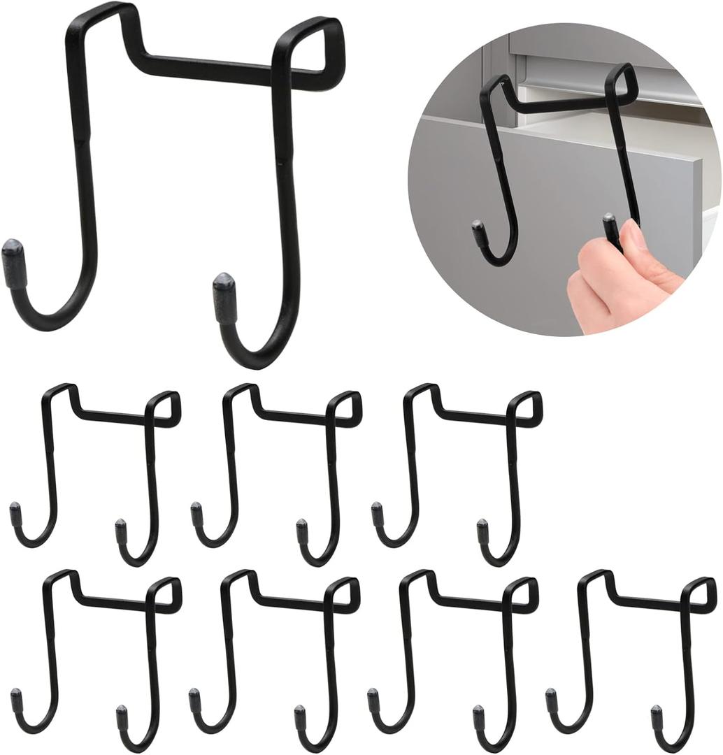 Tinfol 8 Pack Cabinet Door Hooks, Double S-Shaped Over Door Shower Hook, Stainless Steel Over Door Hook, for Kitchen, Bathroom, Closet, Cabinet Cupboard, Shower, Drawer, Wardrobe, Office (Black)