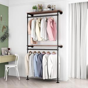 DR.IRON Industrial Pipe Clothing Racks with 2 Tier Shelves, Wall Mounted Black Clothes Rack with Double Hanging Rods Heavy Duty Garment Storage Rack Display Racks Rod for Clothes,Laundry Room