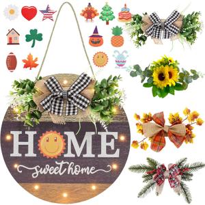 Interchangeable Seasonal Welcome Sign Front Door Decoration with 4 Seasonal Wreaths and LED Light, Rustic Round Wood Wreaths Wall Hanging Outdoor, Farmhouse Front Door Decoration Home Dcor