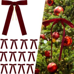 12Pcs Burgundy Velvet Christmas Tree Bows Ornaments Vintage Velvet Ribbon Bows for Tree Garland Wreath Indoor Outdoor Christmas Decor Xmas Decorations 1'' Wide, 5 * 7 inch