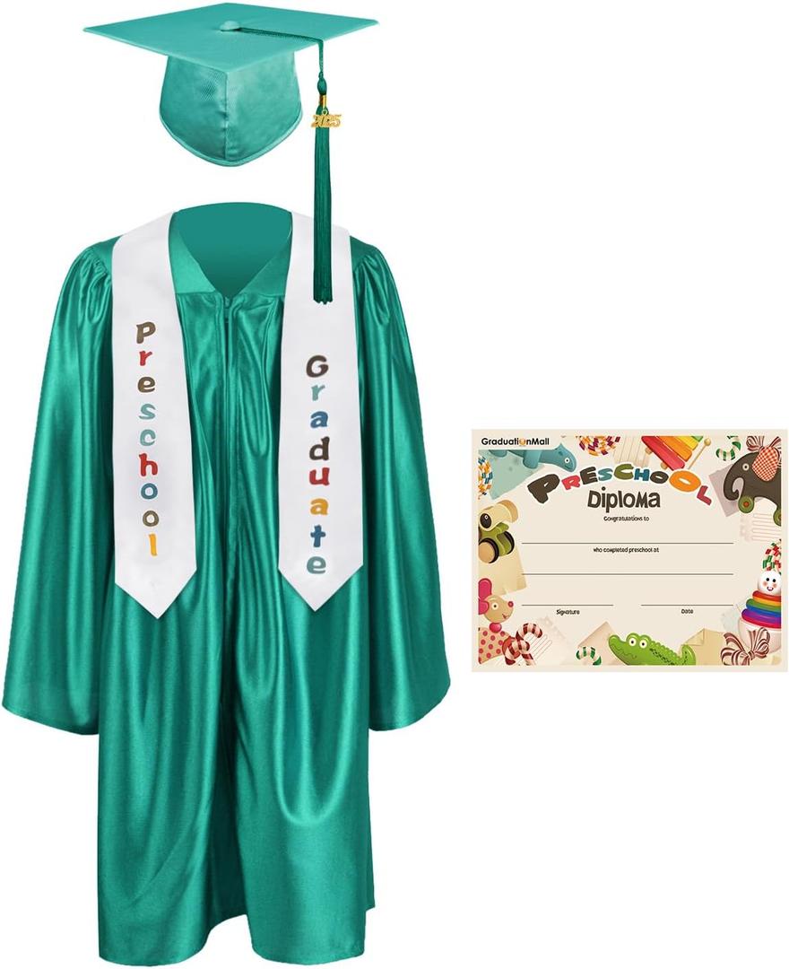 GraduationMall Preschool Graduation Cap Gown Stole Package with 2025 Tassel, Certificate (Medium, Emerald)