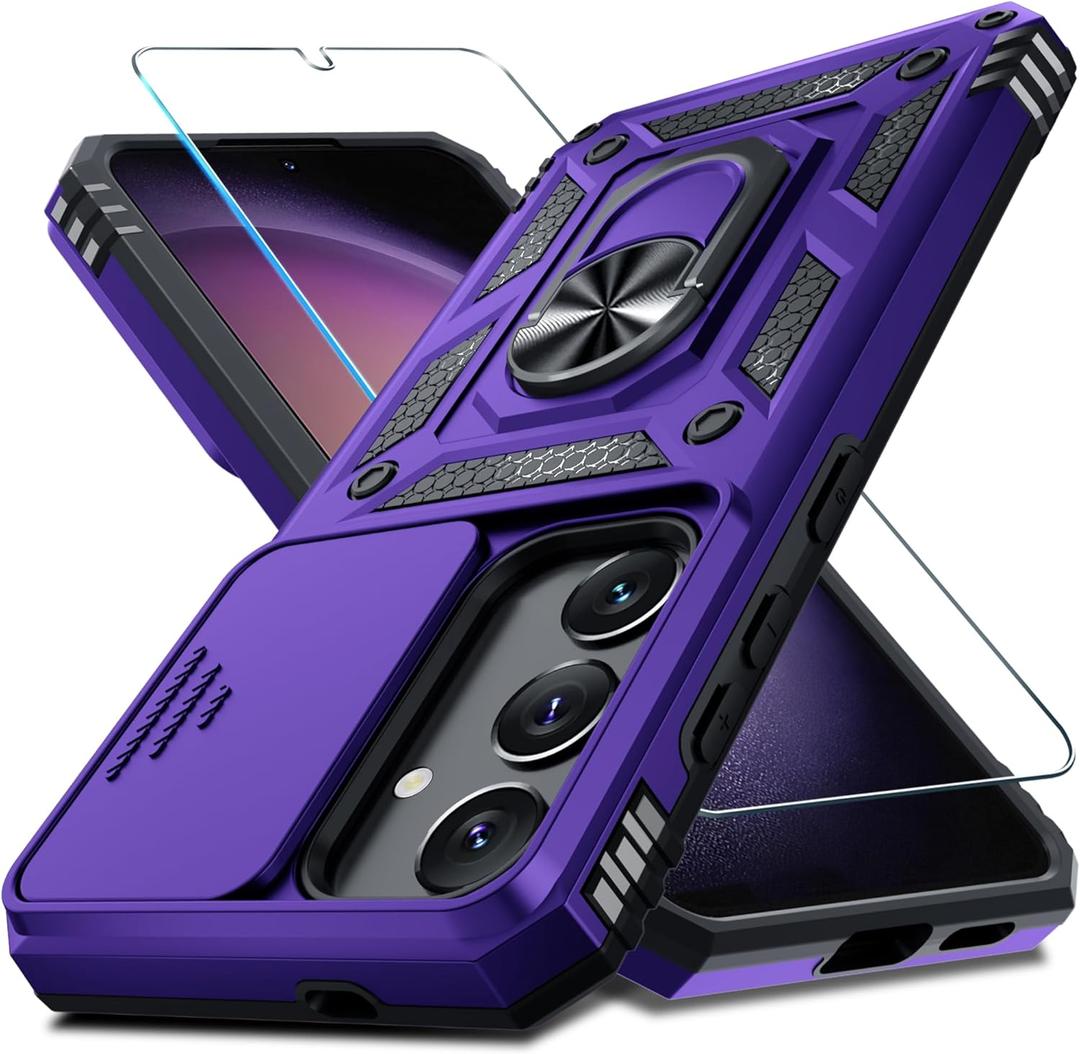 Compatible with Samsung Galaxy S25/S24 Phone Cover Case Purple | Built in Slide Camera Lens Cover, Screen Protector,Finger Ring Holder,Kickstand,Heavy Duty,Shockproof,Full Body Protective