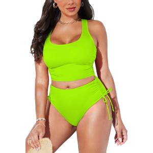 Pink Queen Women's Scoop Neck Racerback Ruched Crop Top High Waisted Bikini Sets 2 Piece Swimsuit Bathing Suit (X-Large)