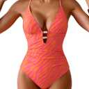 Women's One Piece Swimsuit Plunge Deep V Neck Bathing Suit Slimming Push Up with Beaded Cut Out Swim Suit Monokini (Large, Pink Zebra Stripe)