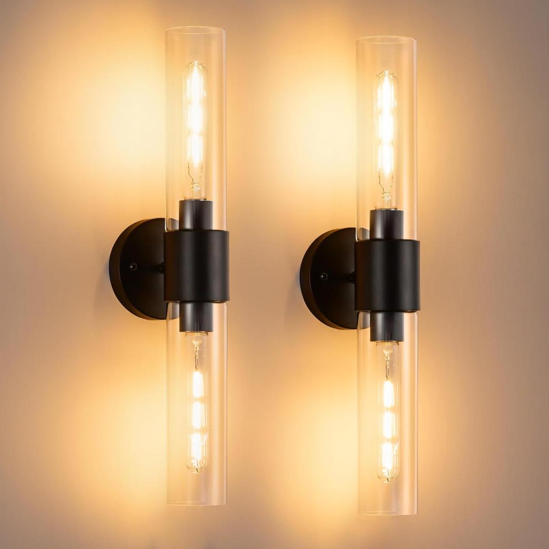 Industrial Wall Sconces Set of 2 Matte Black 22" Modern Glass Wall Lamps E26 Vanity Mirror Lamp for Bathroom Indoor Use Hallway Bedroom (Bulbs not Included)