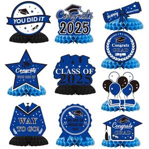 Graduation Decorations 2025, 10PCS Graduation Centerpieces for Table Blue Black Graduation Party Decoration Class of 2025 Congrats Grad Honeycomb Centerpieces Table Decor for Graduation Party Supplies