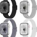 4 Pack Slim Braided Stretchy Compatible with Apple Watch Band 38mm 42mm 40mm 44mm 41mm 45mm 46mm 49mm Women Men, Solo Loop Nylon Thin Strap for iWatch Series 11 10 9 8 7 SE 6 5 4 3 Ultra (Black/Grey/Blue Grey/White)