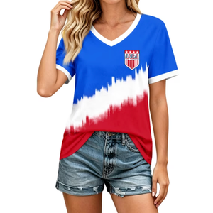 Women's 2026 Soccer Match Day Cup Short Sleeve American Flag Patriotic Top T-Shirt Red White Blue USA A3, Small