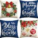 OTOSTAR Set of 4 Blue Christmas Throw Pillow Covers 18x18 Inch Winter Xmas Decorative Pillow Case Cover for Sofa Living Room Holiday Decor (Blue- Christmas Wreaths and Bells)