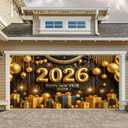 Happy New Year Banner 13x6ft New Year Eve Celebration 2026 Garage Door Banner Elegant Black and Gold Backdrop New Year's Eve Garage Door Cover Decoration for Celebration Party Indoor Outdoor House Wall Background