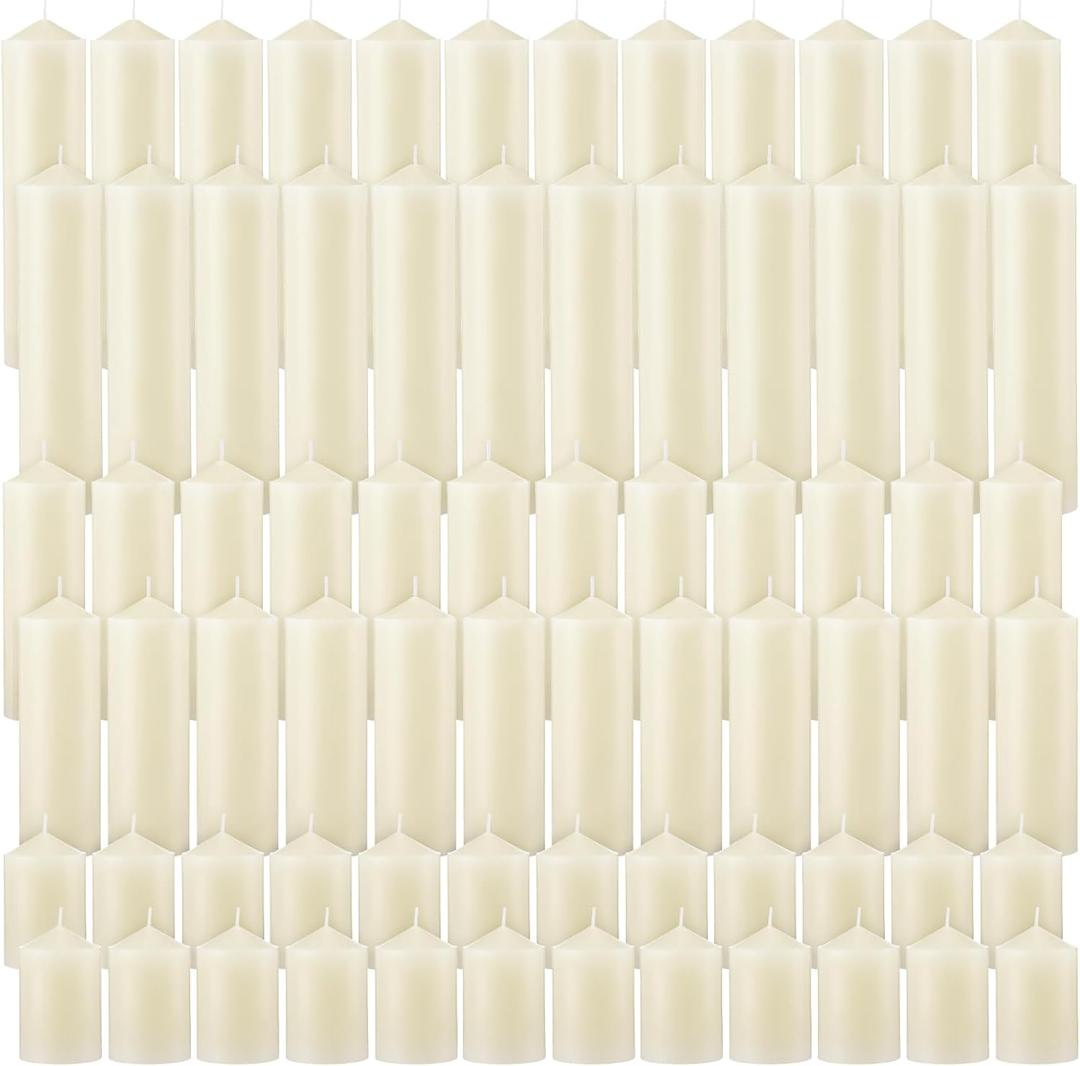 MTLEE Ivory Pillar Candles 2 x 3, 2 x 6, 2 x 8 Inch Smokeless and Dripless Unscented Large Candles Long Clean Burning Rustic Pillar for Wedding Dinner Home Decor, Candle Set – 84 Pcs Large & 48 Pcs Small (2 Sizes Only)