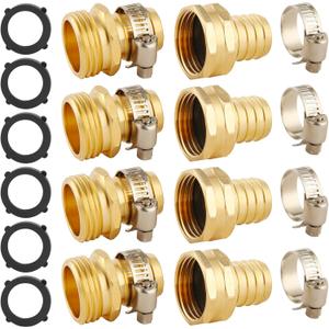 4 Set Brass Garden Hose Repair Connector Kit with Clamps, Fit for 3/4" Garden Hose Fitting,3/4'' Barb x 3/4'' GHT Garden Hose Adapter/Fittings, Water Hose Repair Kit