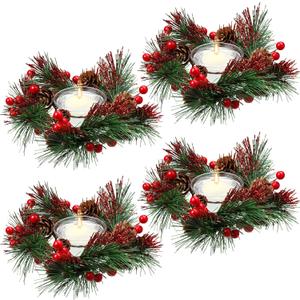 Dingion 8 Pieces Christmas Candle Candle Rings Set, 4 Christmas Votive Taper Holders Berry Ring with Pinecones and 4 Votive Taper Holders for Wedding Decor