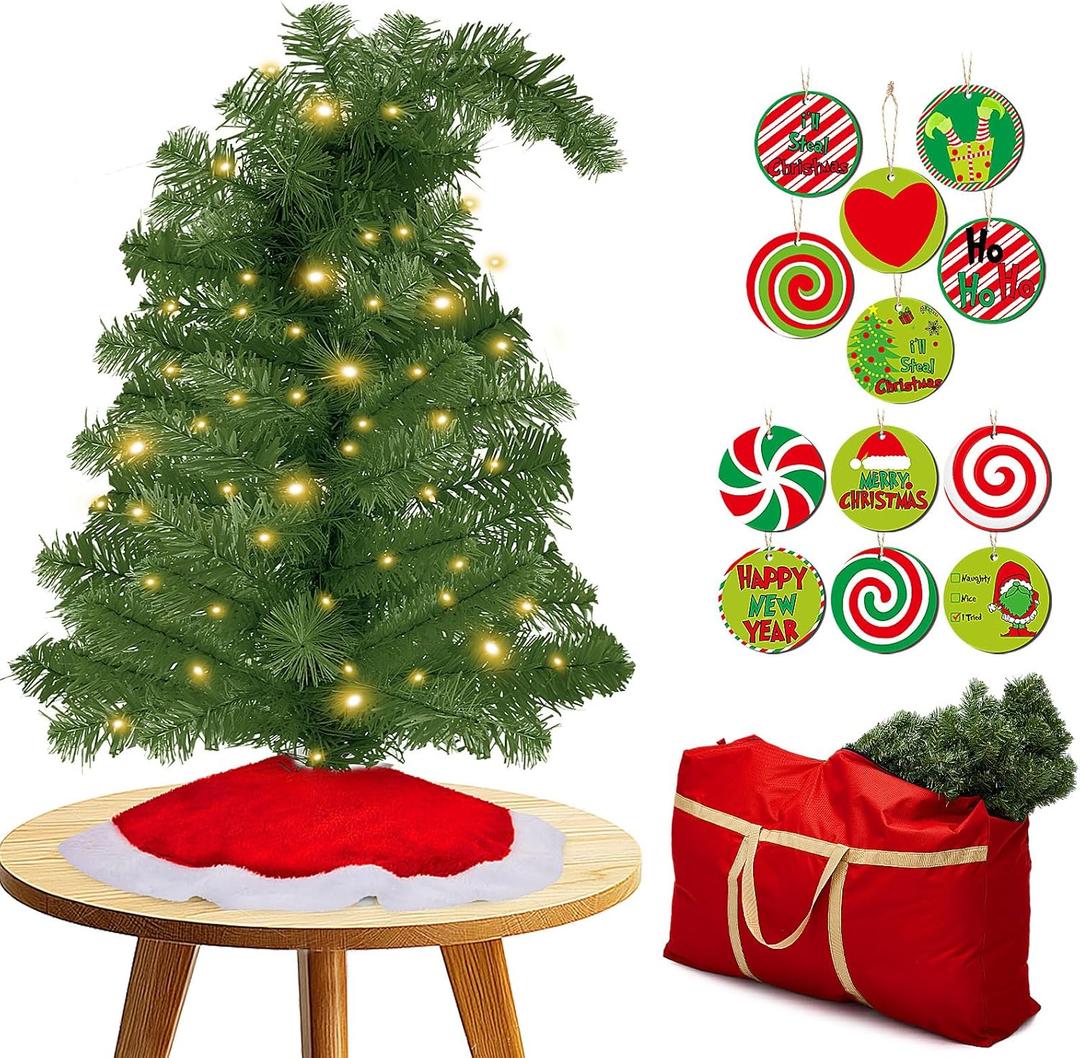Syhood 1.5ft Bendable Christmas Tree Whimsical Christmas Bent Top Artificial Xmas Tree with LED Lights Ornament Bag, Green