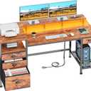 Furologee 60" Computer Desk with 4 Drawers and Printer Space, Gaming Desk with LED Lights and USB Power Outlets, Office Desk with Fabric File Cabinet, Work Table with Shelf for Bedroom, Rustic Brown