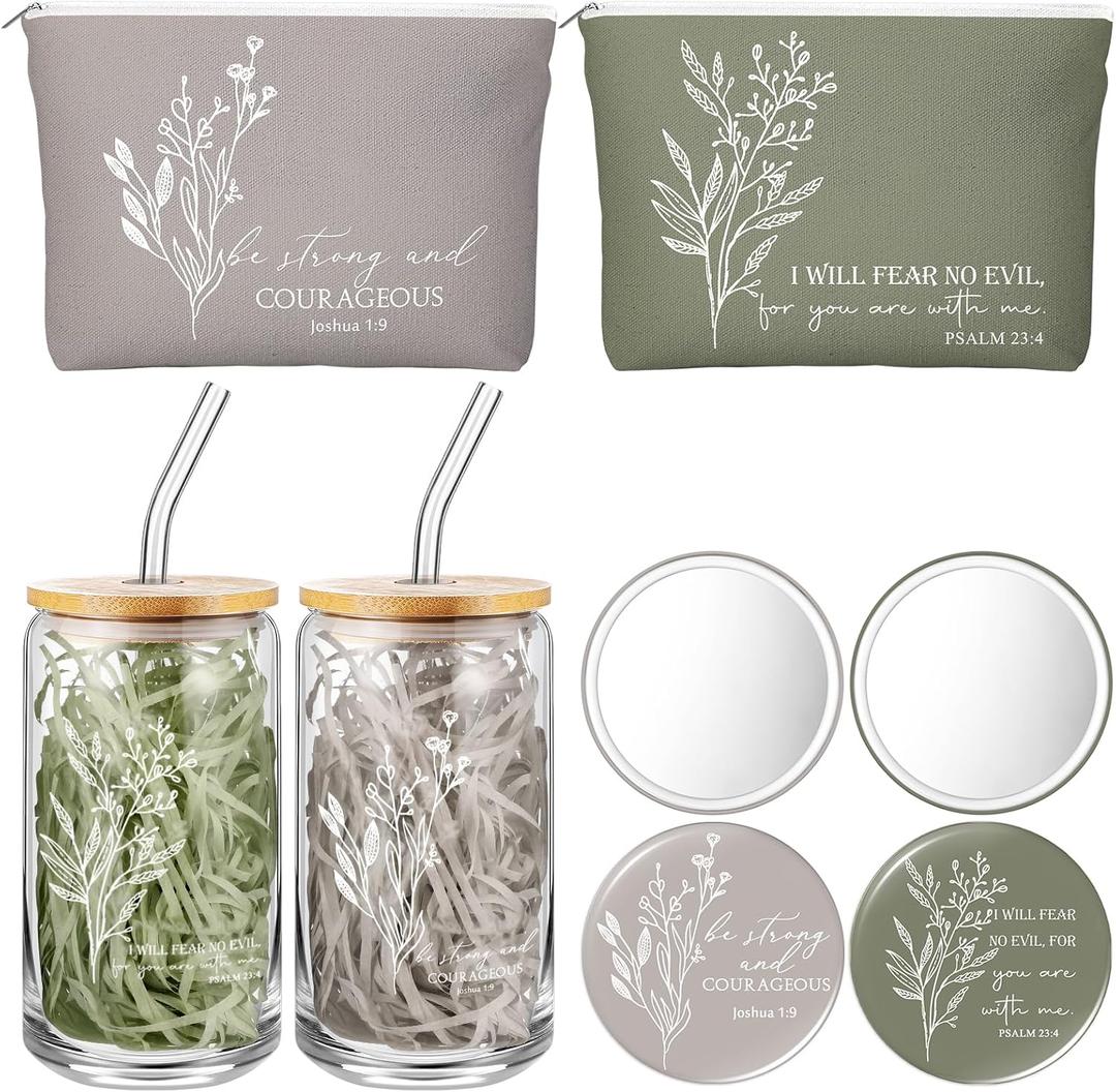Fumete 2 Set Christian Gift for Women Bulk Mothers Day Religious Makeup Bag Bible Verse Glass Cup Mini Christian Compact Mirror Gifts for Church Members Women Basket Stuffers (Neutral Colors)