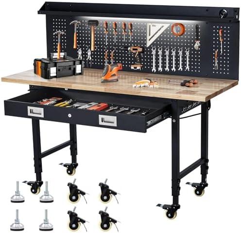 KOKEBREN 60'' Adjustable Workbench, Heavy Duty Workbench with Drawer and Backplate, 2000 LBS Capacity Work Table with Power Outlet and Lockable Wheels, Suitable for Office, Garage, Workshop