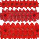 GREENTIME 24 Pcs Glitter Poinsettia Red Golden Artificial Flowers Christmas with Clips Stems Xmas Tree Ornaments for New Year Party Stairs Fireplace Porch Balcony Garden Church Wreath Decoration