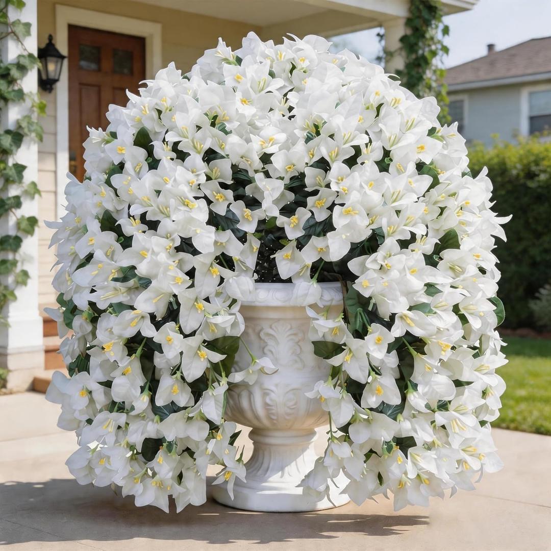 BSMYBO Bougainvillea Artificial Hanging Flowers Plants for Outdoors UV Resistant Faux Trailing Hanging Vine Outdoor Hanging Plants for Front Porch, Balcony, Patio, Outdoor Planter (White-2PCS)