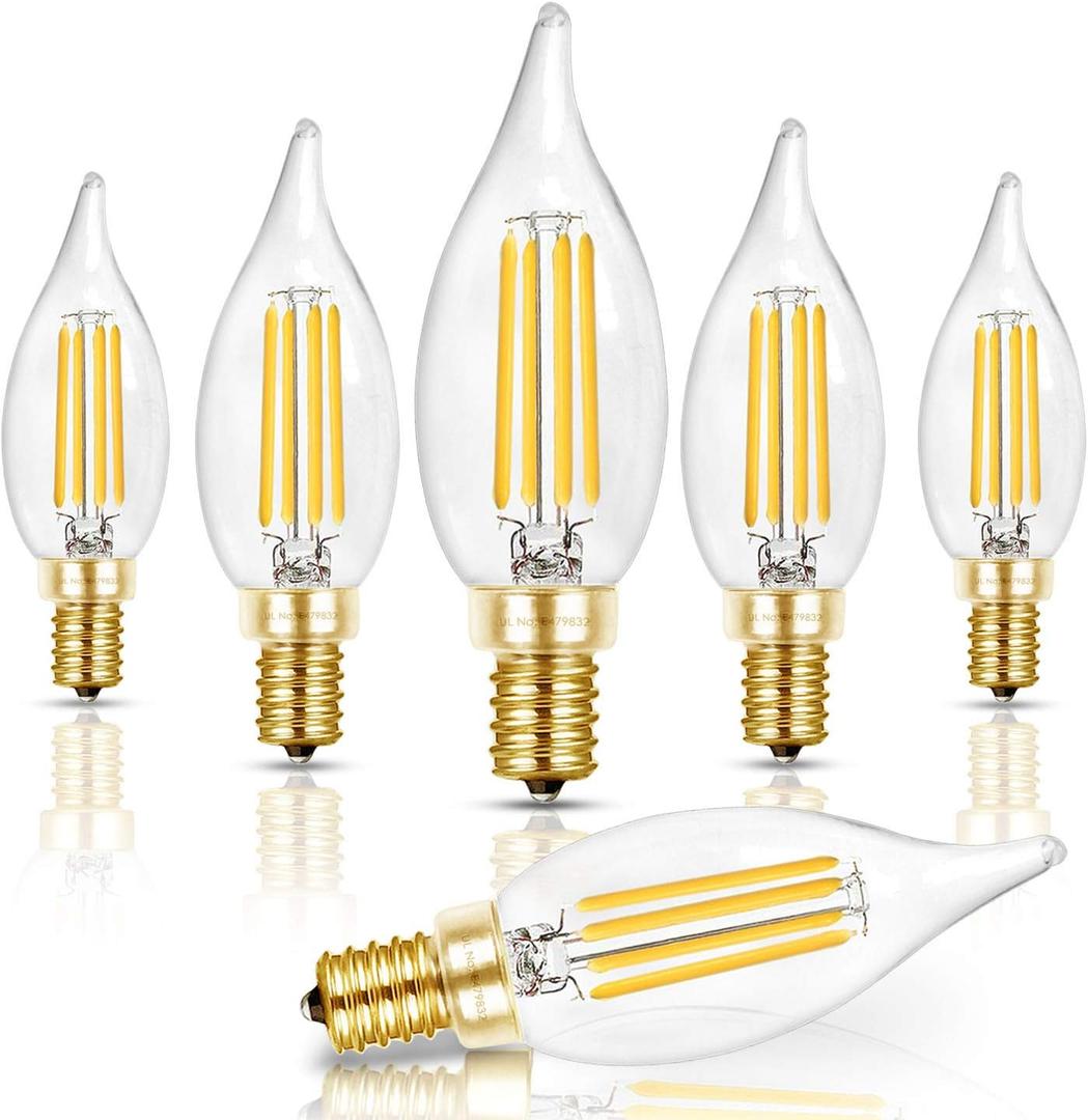 Hizashi E12 Candelabra Bulb 40 watt, 90+ CRI Dimmable Candelabra LED Bulbs, 4W 450LM 5000K Daylight White, E12 Bulb Flame Tip CA10 Candle Light Bulbs, UL Listed - 6 Pack