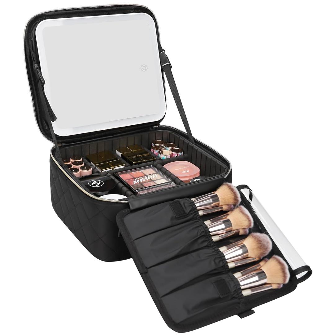 Relavel Travel Makeup Bag With Light Up Mirror, Cosmetic Train Case with LED Mirror, Professional Makeup Case for Makeup Artist, Waterproof Makeup Brush Holder Organizer Storage, Rhombus Black (1-Small, 03-Diamond Black)