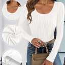Women Tops Long Sleeve Textured Shirts Slimming Tops for Women Scoop Neck Blouses (White, XL)
