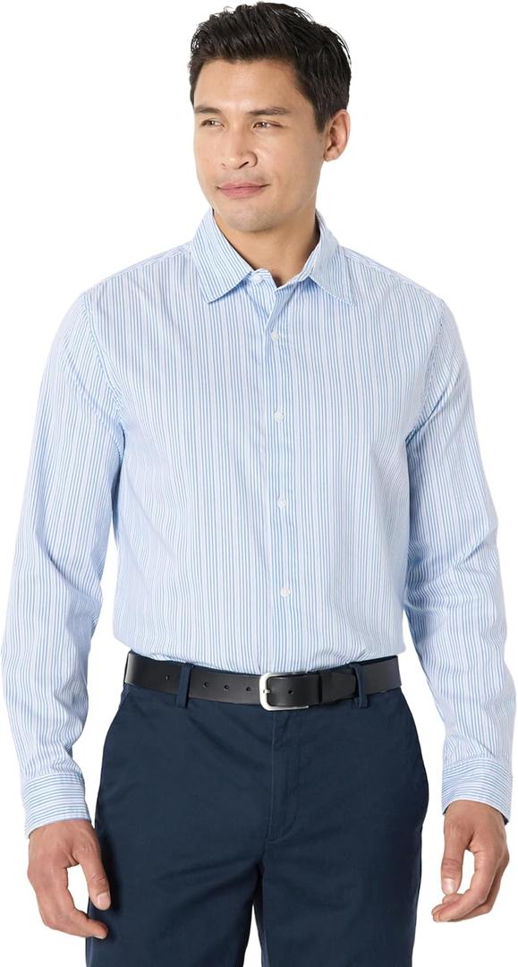 Amazon Essentials Men's Regular Fit Long Sleeve Wrinkle Resistant Stretch Dress Shirt (Blue White Pinstripe)
