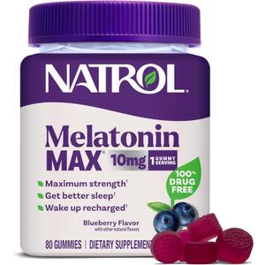 Natrol Melatonin 10mg Sleep Aid Supplement, 80 Count MelatoninMax Gummies, Blueberry Flavor, 10 mg Melatonin Gummies for Occasional Sleeplessness, 80 Day Supply