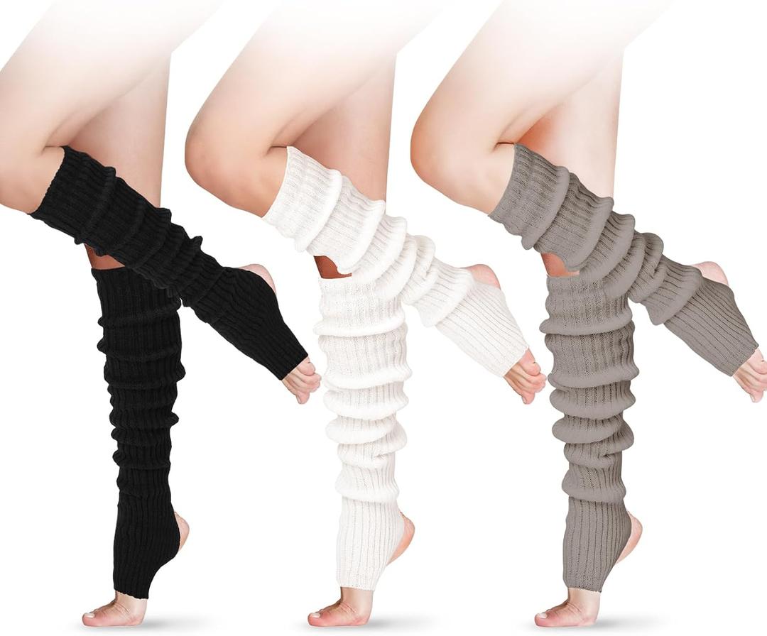 SATINIOR Long Leg Warmers for Women 24 Inch over The Knee Knit Ribbed Leg Warmer Stirrup Yoga 80s Party Dance Ballet Supply (One Size, Black, White, Gray)