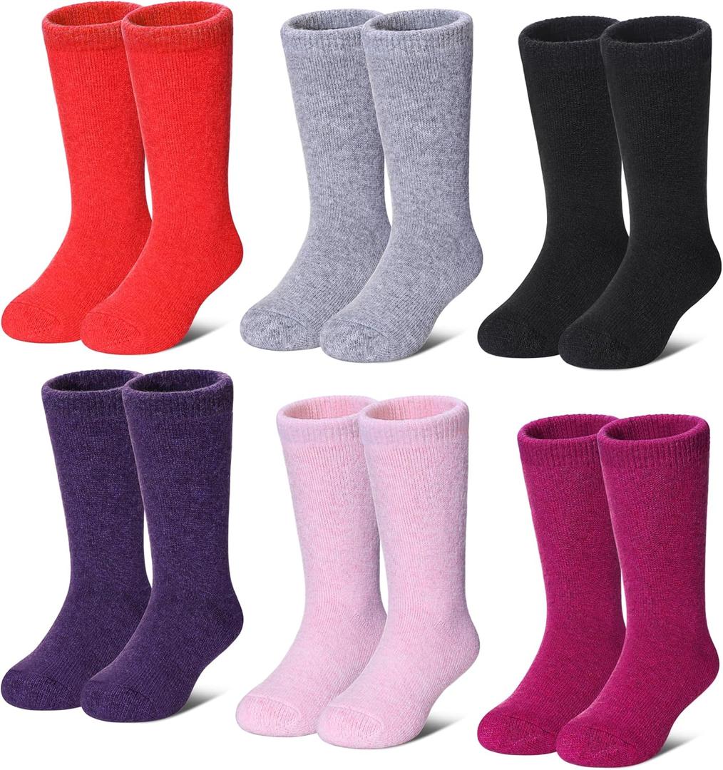 LANLEO Kids Wool Socks For Toddlers Boys Girls Hiking Winter Warm Cozy Thick Heavy Thermal Crew Boot Socks 6 Pairs Solid Color Girl, 4-7 Year Old
