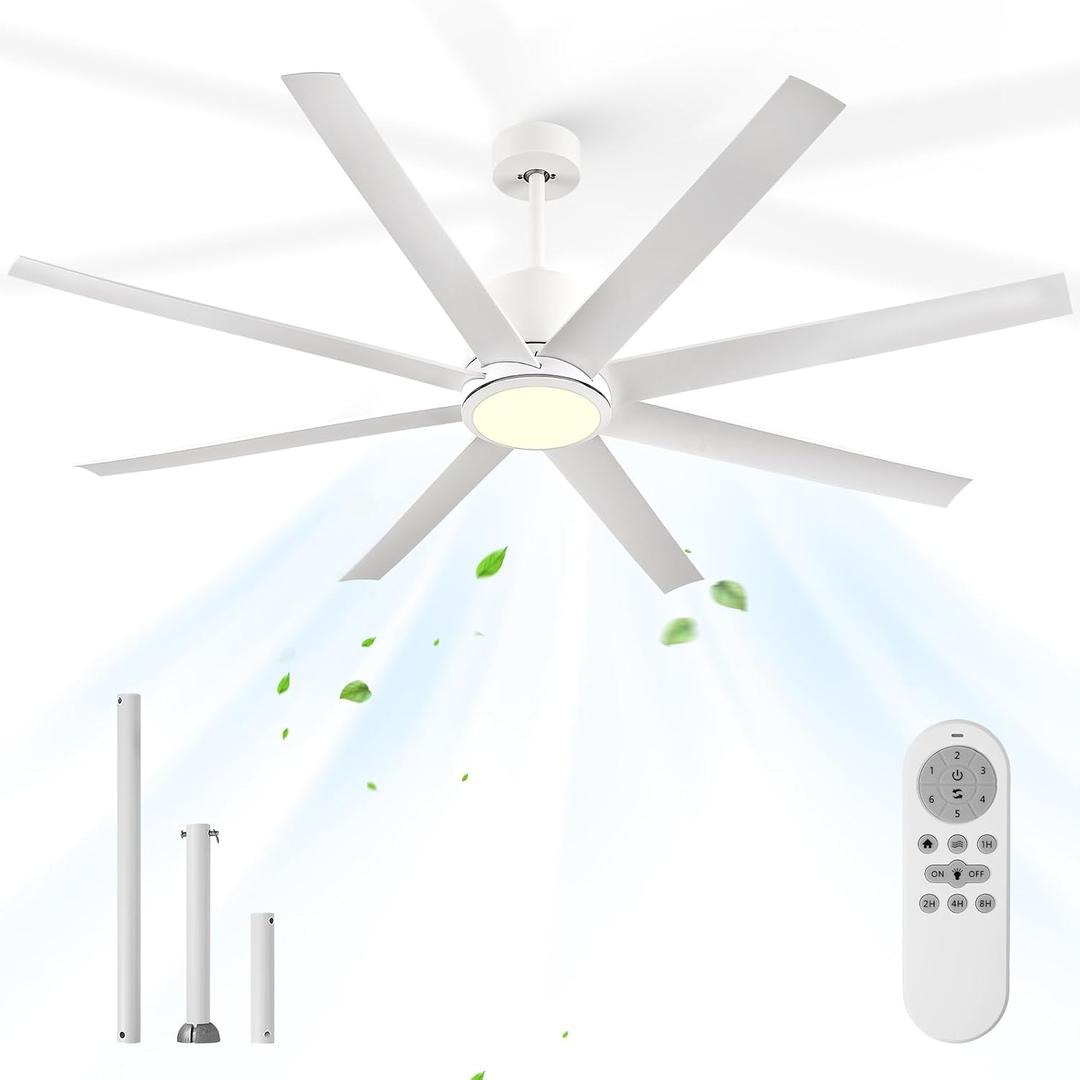 65in White Ceiling Fan with Lights Remote Control 8-Blade Outdoor Ceiling Fan Light for Patio Reversible Large Ceiling Fan for Garage Home Office Gym Room Living Room