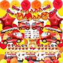 Fire Truck Theme Party Supplies set : Decorations with Happy Birthday Banner , Table Covers , Foil & Latex Balloons . Cake Topper , Paper Pom , Firefighter Tattoo Sticker. Perfect for kids Party !