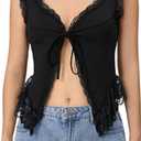 Milumia Women's Lace Trim Open Tie Front Tops Y2k Sleeveless Deep V Neck Going Out Tops (All Black)