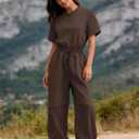 Flygo One Piece Jumpsuits for Women Crewneck Short Sleeve Casual Wide Leg Long Pants Drawstring Rompers Outfits with Pockets, Small