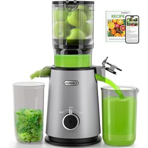 Cold Press Juicer, ECOSELF Juicer Machines with Large Feed Chute Fit Whole Fruits & Vegetables, Self Feeding for Juice Extractor Machine, Easy to Clean and Assemble, High Juice Yield (Light Gray)