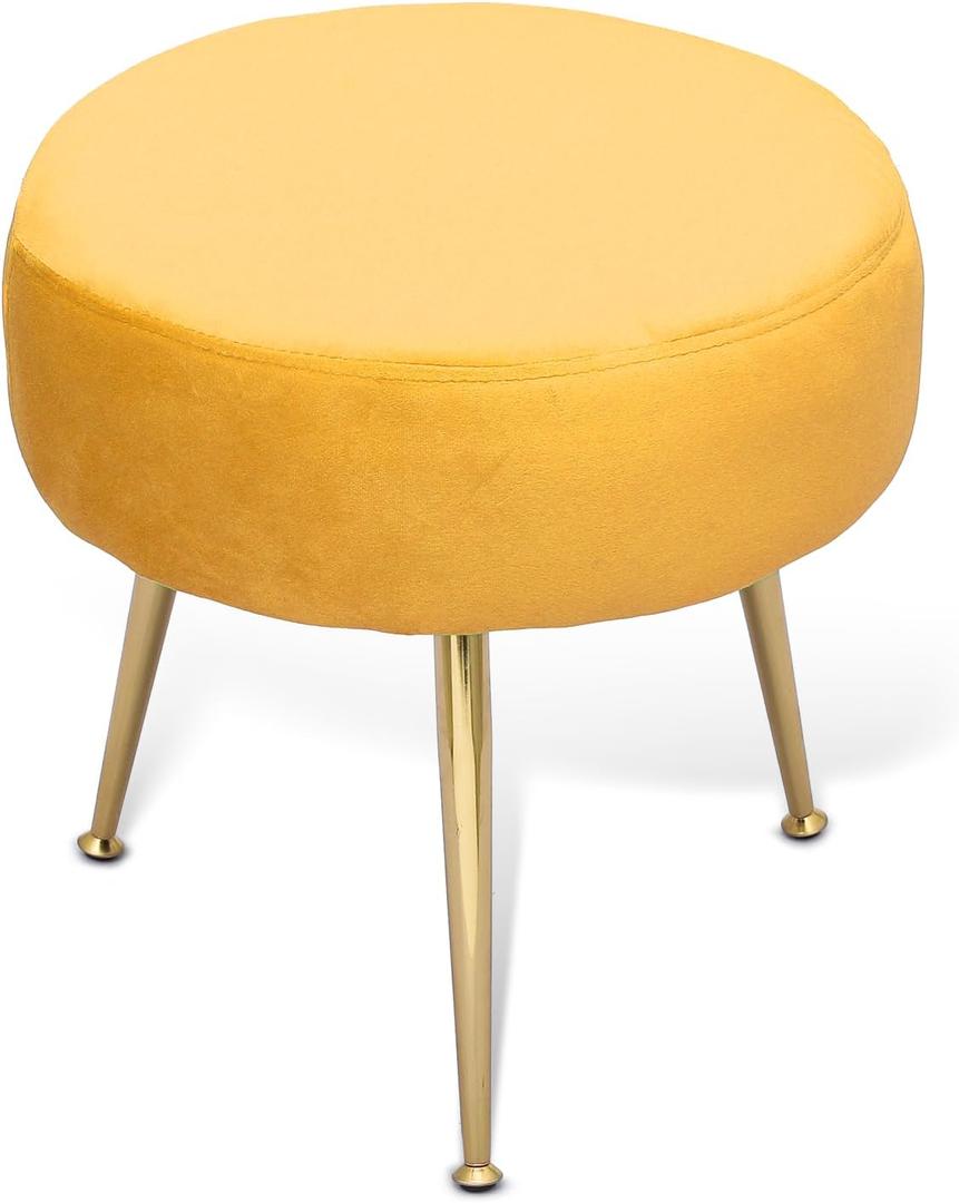 MoNiBloom Vanity Stool with Golden Legs, Yellow Accent Ottoman for Makeup Room, Round Foot Stool, Footrest Chair for Girls' Bedroom, Home Living Room Entryway, 250 lbs Capacity