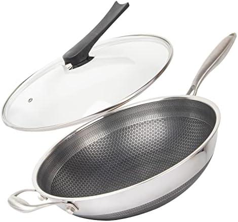 CATHYLIN 14" Honeycomb Non Stick Wok Pan Stainless Steel Stir-fry Wok with Lid, Skillet with Stay-cool Handle PFOA Free Suitable for Induction, Ceramic, Electric, and Gas Cooktops (Sliver, 14 Inches)