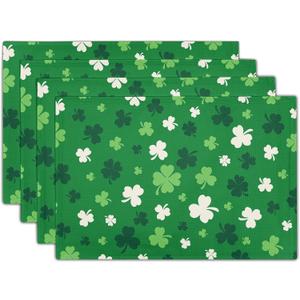 St Patrick's Day Placemats Set of 4 18x12 Inch Green Shamrock Irish Linen Place Mat Heat-Resistant Washable Wipeable Saint Patrick's Day Four Leaf Clover Table Mat for Party Kitchen Dining Home Decor