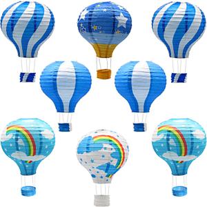 8 Pcs Blue Hot Air Balloon Paper Lanterns, 12 Inch Hanging Ceiling Decor in Sky Shades - Reusable Party Decorations for Shower, Birthday, Nautical Theme, Wedding & Nursery Room (Bule)