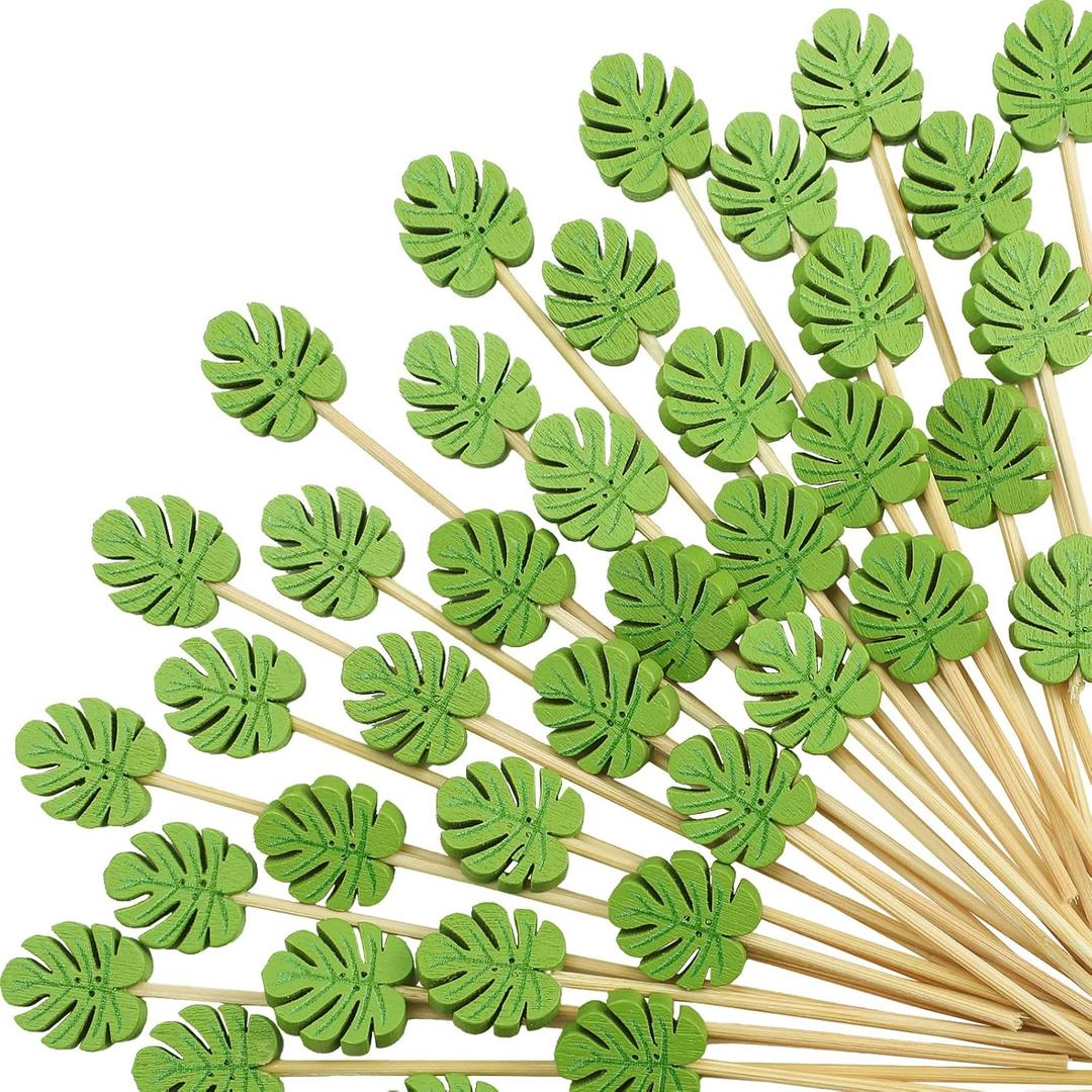 WILLBOND 200 Pcs Green Monstera Leaf Cocktail Picks Long Toothpicks for Appetizers Summer Cocktail Skewers Disposable Fancy Bamboo Food Sticks for Summer Spring Holiday Birthday Party Decoration