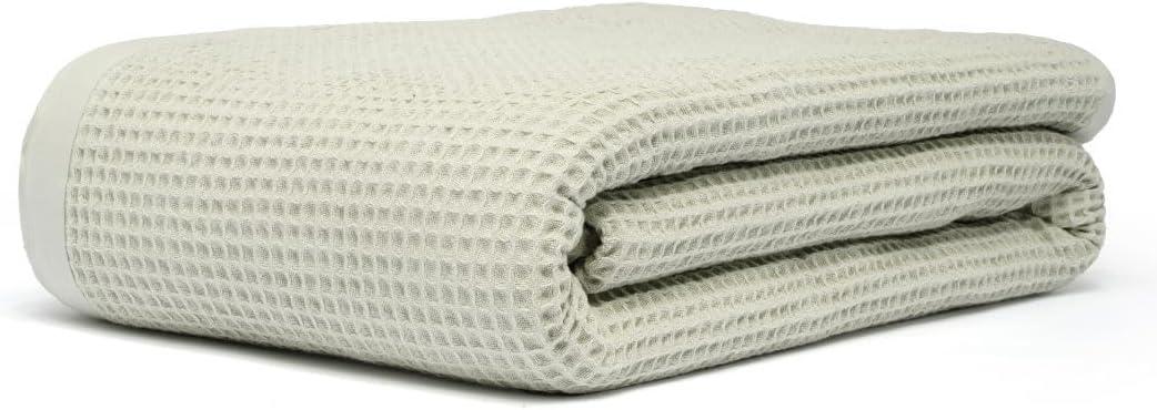 GOTS Certified Organic Cotton Waffle Weave Blanket, Queen Bed Size, 90"X90"Cozy Throw Blanket for Couch, Modern Home Decor, Throw Blankets,Comfy Waffle Blanket Soft Bed Blankets -Sea Foam