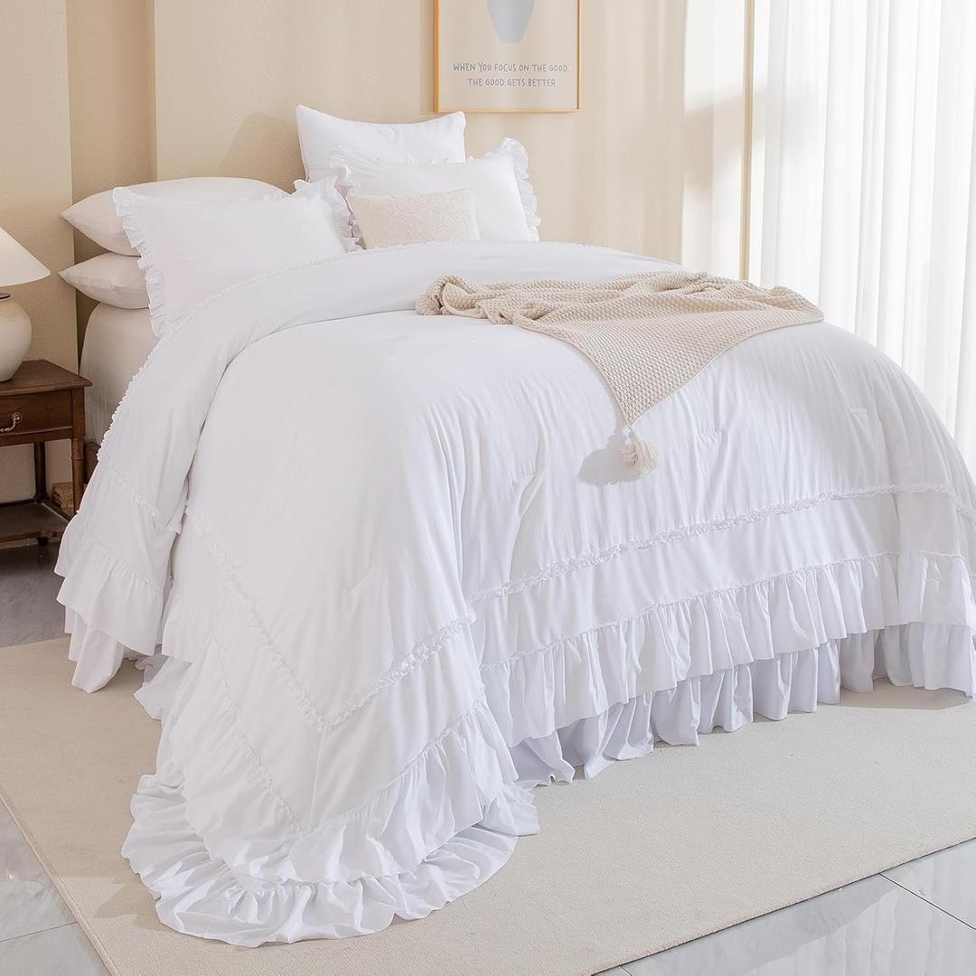 White Oversized King Comforter Set 120x120,Farmhouse Shabby Boho Chic Ruffle California King Bed Comforter Set French Country Rustic Bedding 3PCS (1 Ruffled Comforter+2 Pillow Shams)