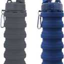 Collapsible Water Bottles Travel water bottle Sports Portable Sport Water Bottle Reusable Water Bottles comes with mountaineering Buckle 500ml silicone Water-proof camping water bottle (Dark blue+Grey)