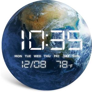 Digital Desk & Shelf Clock, LED Moon/Earth Design, Temperature Display, 7.87 x 7.87 inches (Earth, 7.87 INCH)