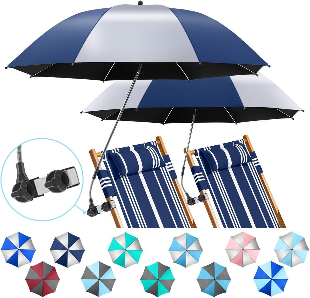2 Pack Beach Umbrella with 360 Universal Clamp, UPF50+ Umbrella Outdoor Patio Sun Protection for Chairs, Beach &Patio Use (Not Include Chair)
