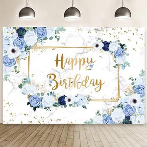 MEHOFOND 7x5ft Happy Birthday Backdrop Blue and White Flowers Bday Photography Background Girls Geometric Gold Glitter Dots Birthday Floral Party Decorations Cake Smash Decor Studio Photo Props