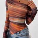 PRETTYGARDEN Womens Fall Trendy Off Shoulder Y2k Tops 2026 Tie Dye Mesh Long Sleeve Shirts Asymmetrical Ruched Floral Blouse, XL